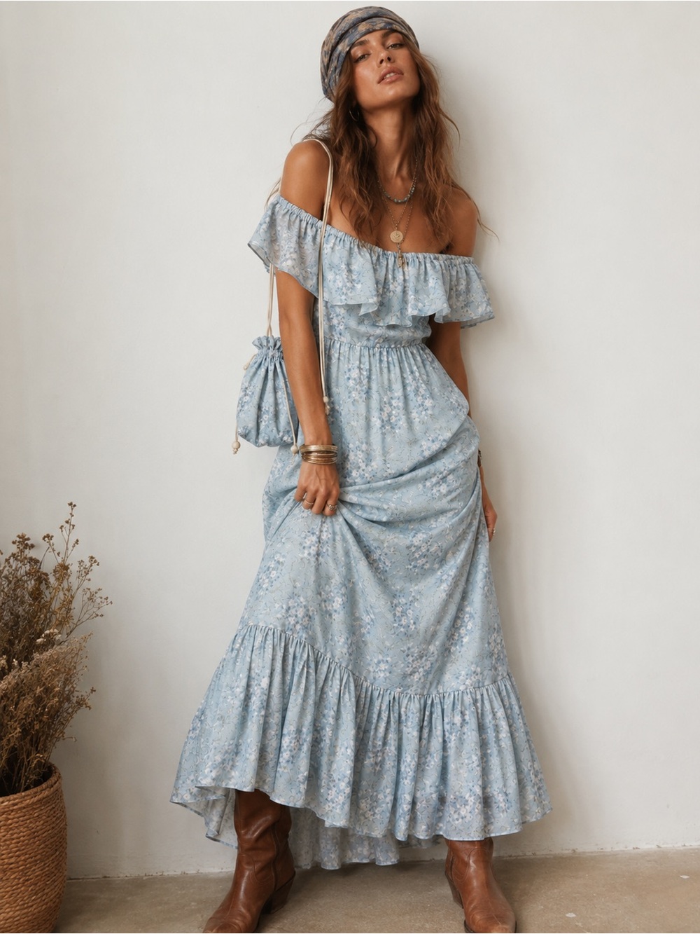 Vintage Light Blue Floral Off-Shoulder Maxi Dress